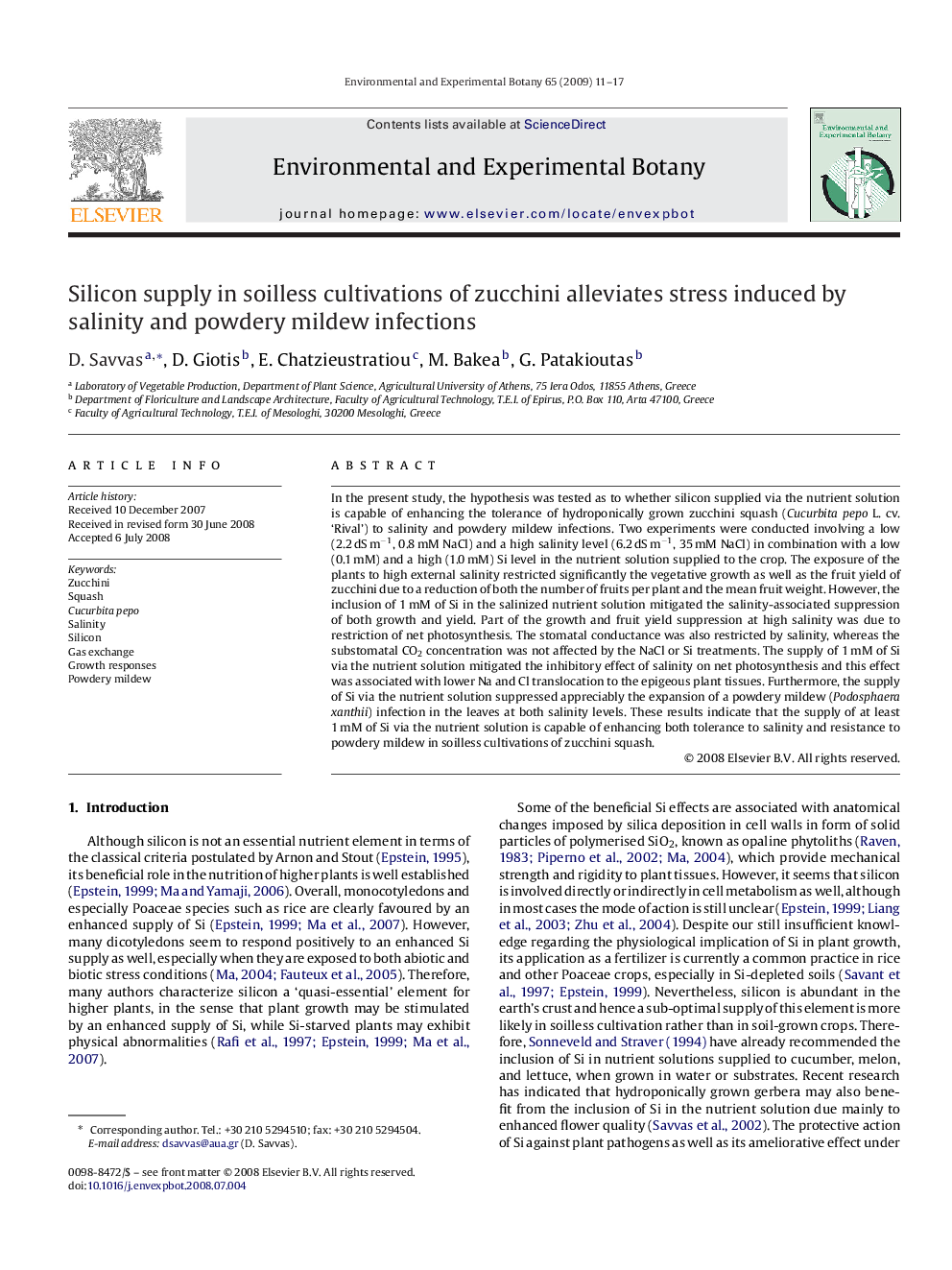 Silicon supply in soilless cultivations of zucchini alleviates stress induced by salinity and powdery mildew infections