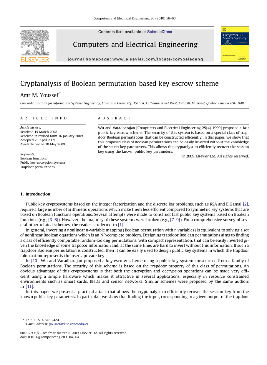 Cryptanalysis of Boolean permutation-based key escrow scheme