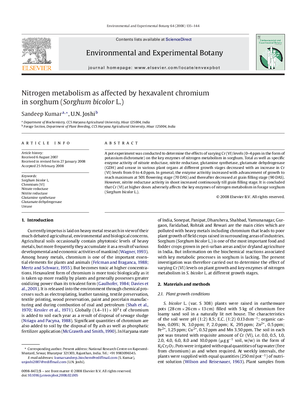 Nitrogen metabolism as affected by hexavalent chromium in sorghum (Sorghum bicolor L.)