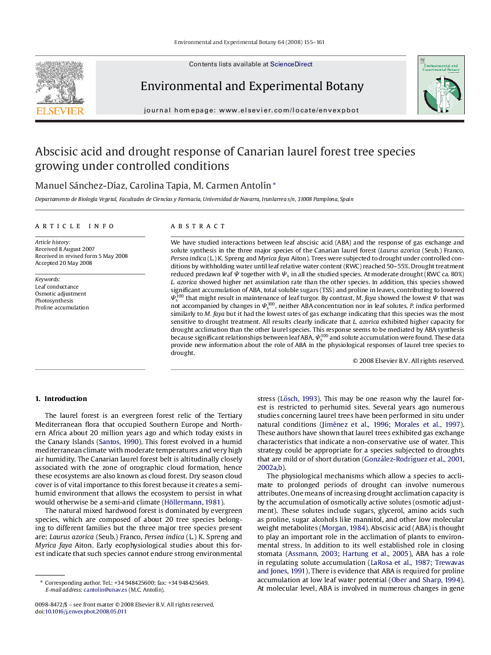 Abscisic acid and drought response of Canarian laurel forest tree species growing under controlled conditions