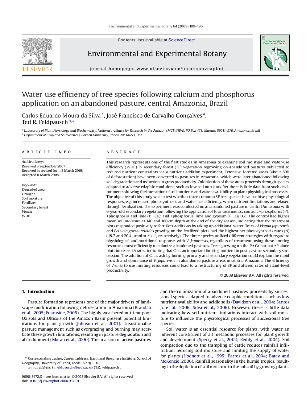 Water-use efficiency of tree species following calcium and phosphorus application on an abandoned pasture, central Amazonia, Brazil