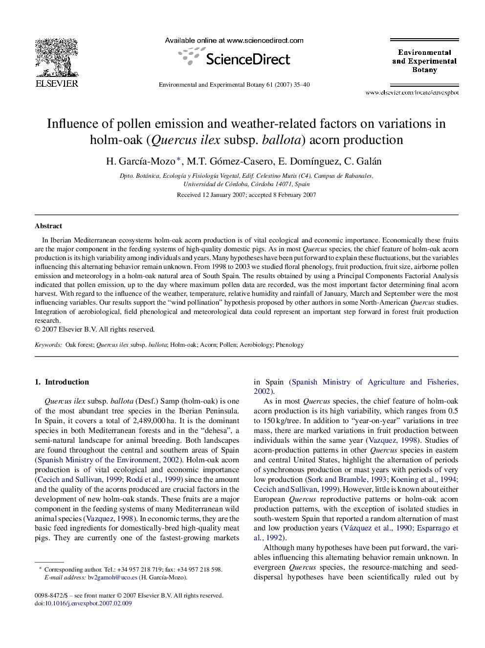 Influence of pollen emission and weather-related factors on variations in holm-oak (Quercus ilex subsp. ballota) acorn production