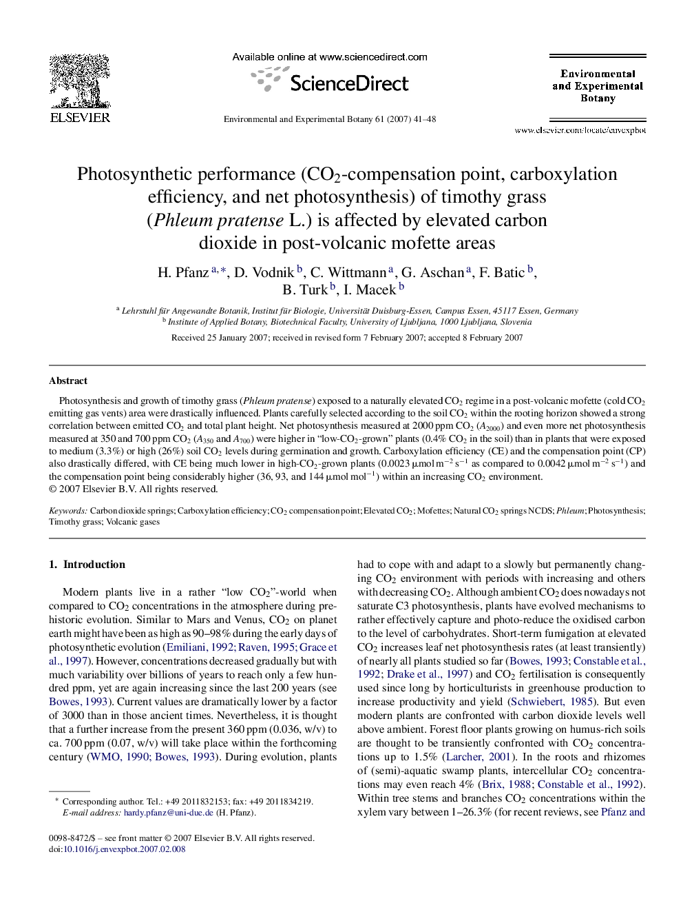 Photosynthetic performance (CO2-compensation point, carboxylation efficiency, and net photosynthesis) of timothy grass (Phleum pratense L.) is affected by elevated carbon dioxide in post-volcanic mofette areas