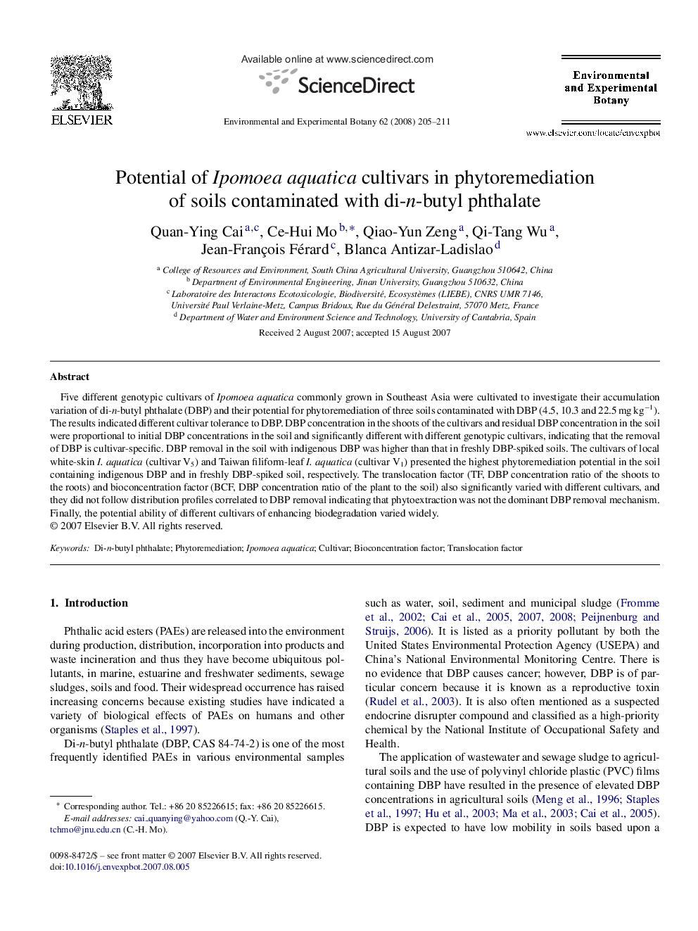 Potential of Ipomoea aquatica cultivars in phytoremediation of soils contaminated with di-n-butyl phthalate