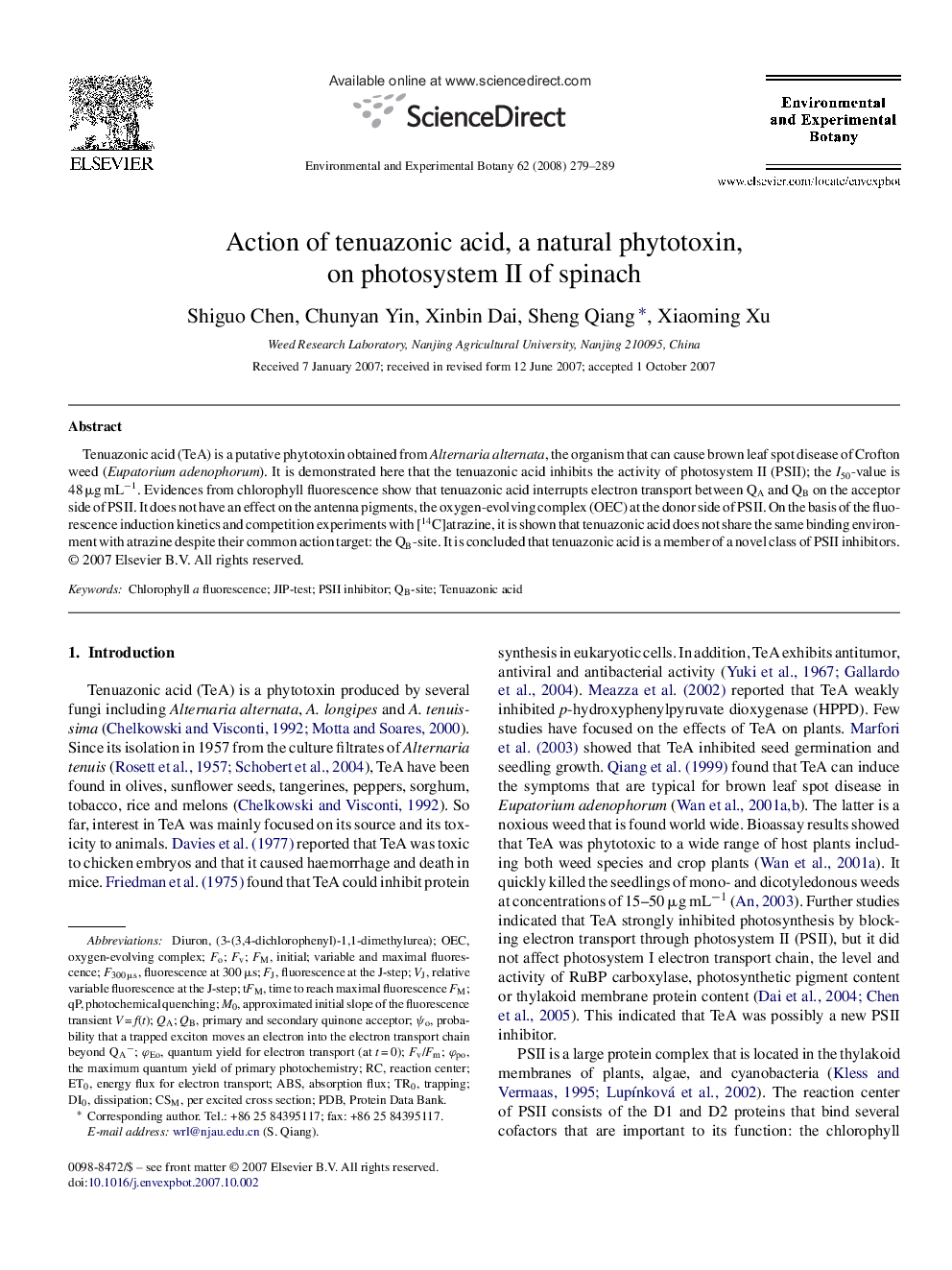 Action of tenuazonic acid, a natural phytotoxin, on photosystem II of spinach