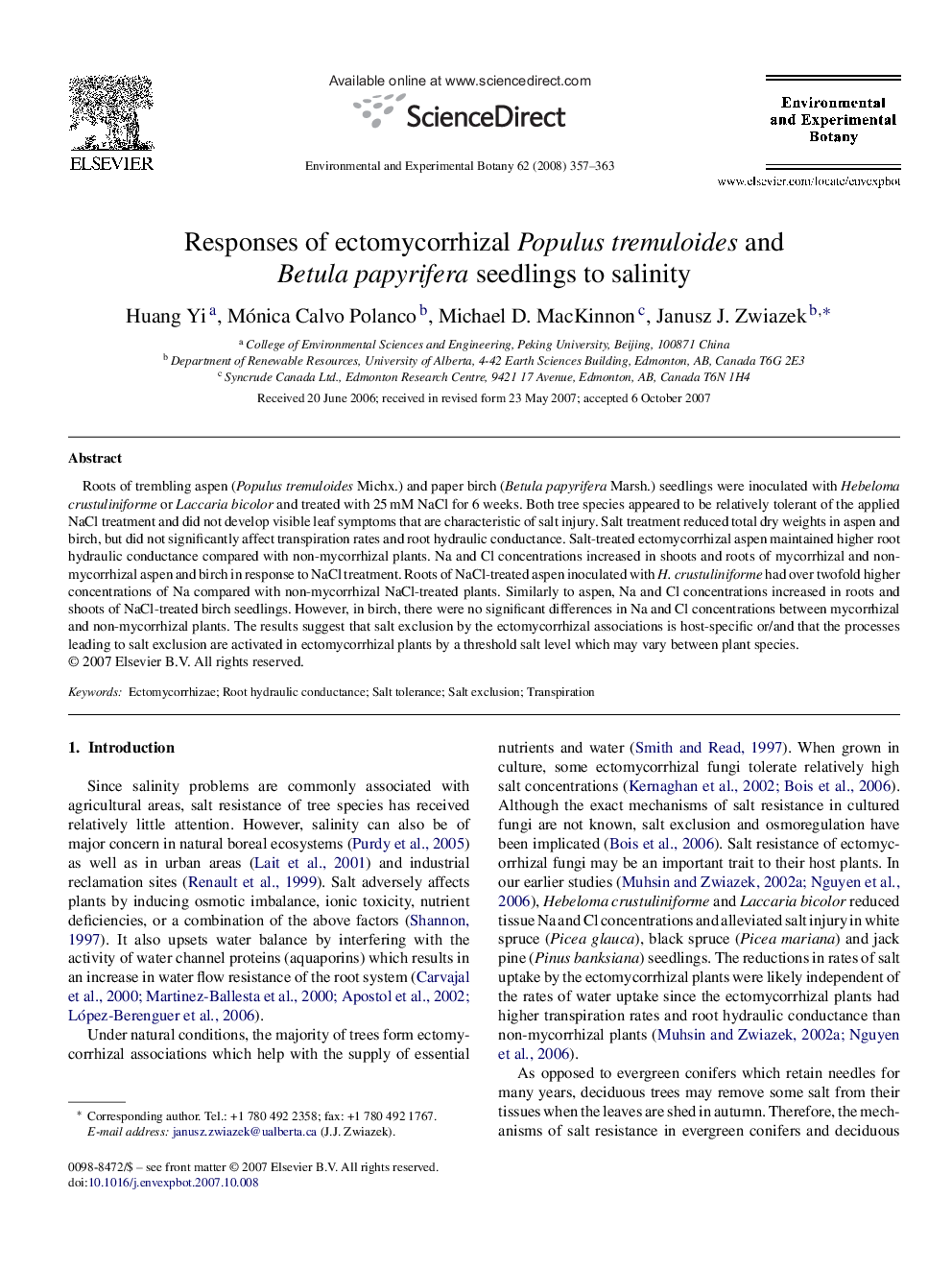 Responses of ectomycorrhizal Populus tremuloides and Betula papyrifera seedlings to salinity