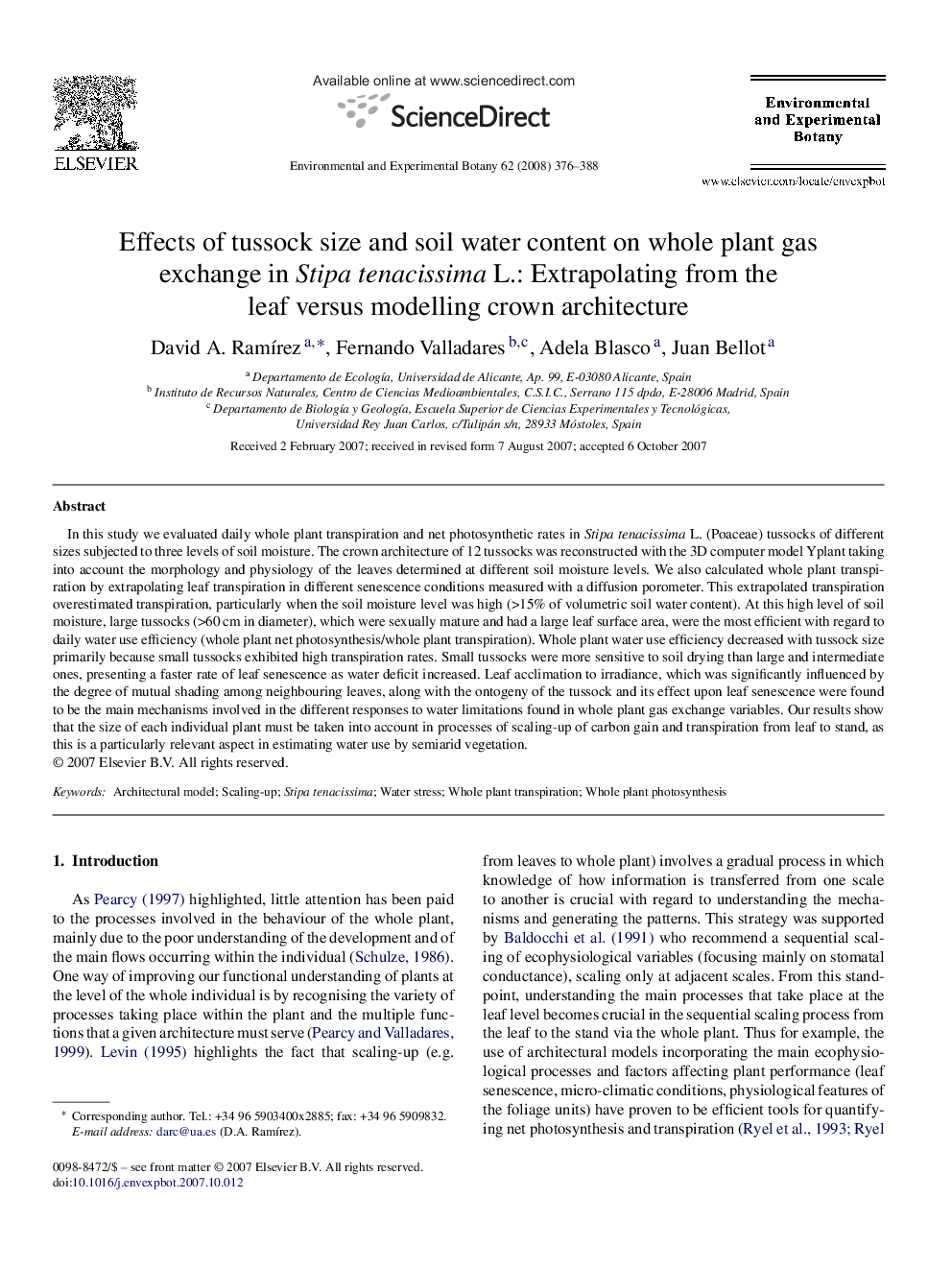 Effects of tussock size and soil water content on whole plant gas exchange in Stipa tenacissima L.: Extrapolating from the leaf versus modelling crown architecture