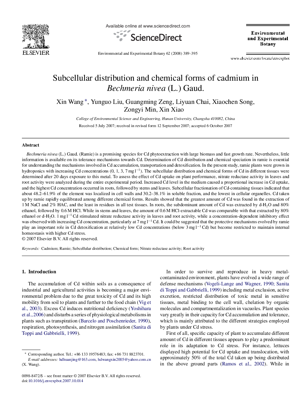 Subcellular distribution and chemical forms of cadmium in Bechmeria nivea (L.) Gaud.