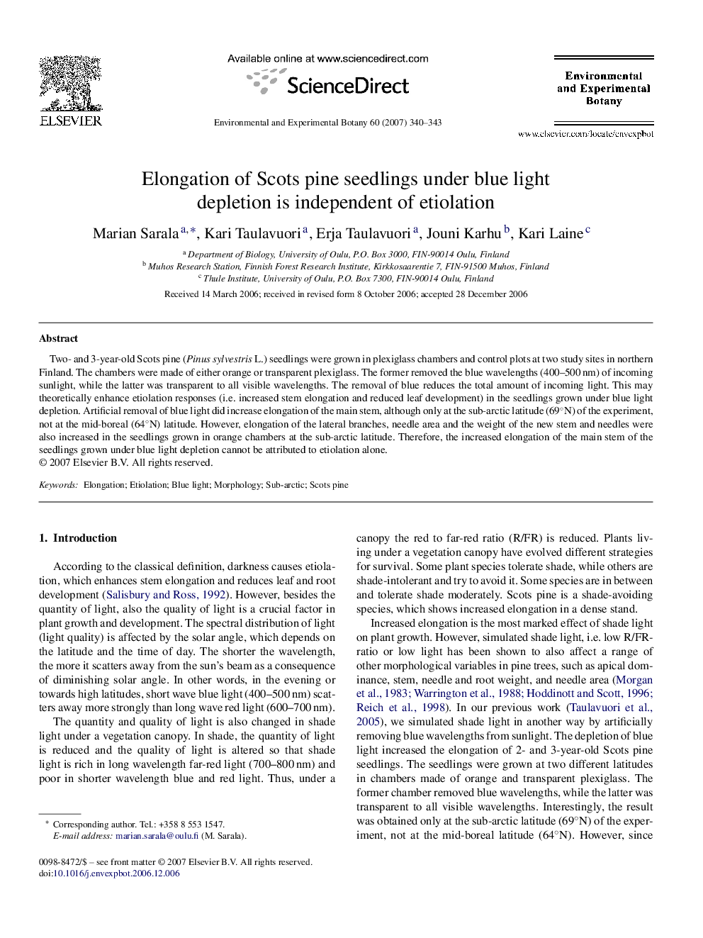 Elongation of Scots pine seedlings under blue light depletion is independent of etiolation