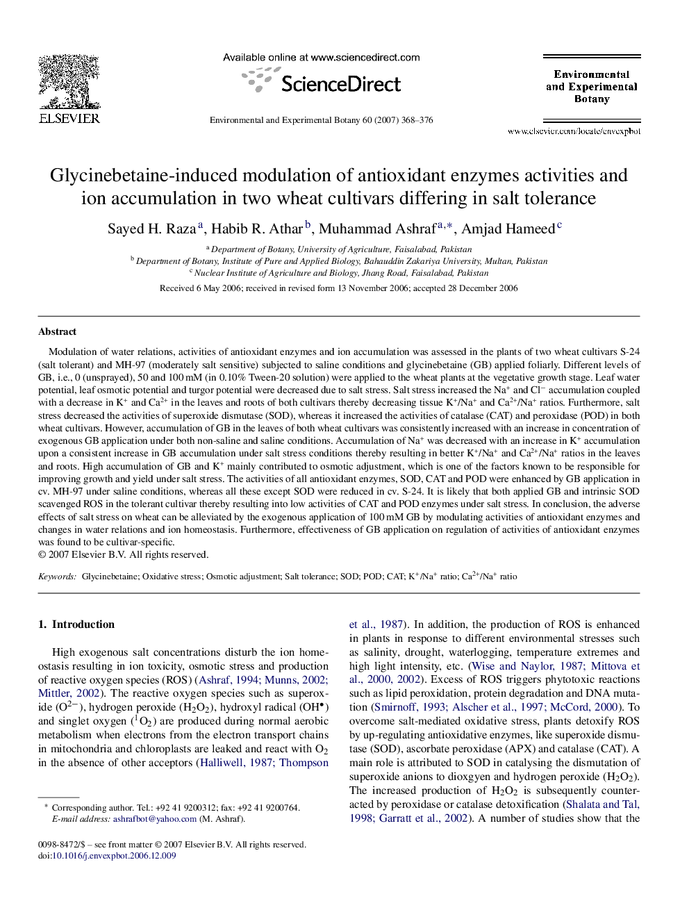 Glycinebetaine-induced modulation of antioxidant enzymes activities and ion accumulation in two wheat cultivars differing in salt tolerance