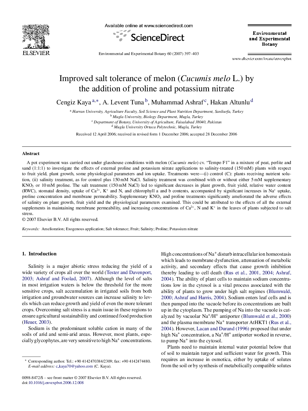 Improved salt tolerance of melon (Cucumis melo L.) by the addition of proline and potassium nitrate