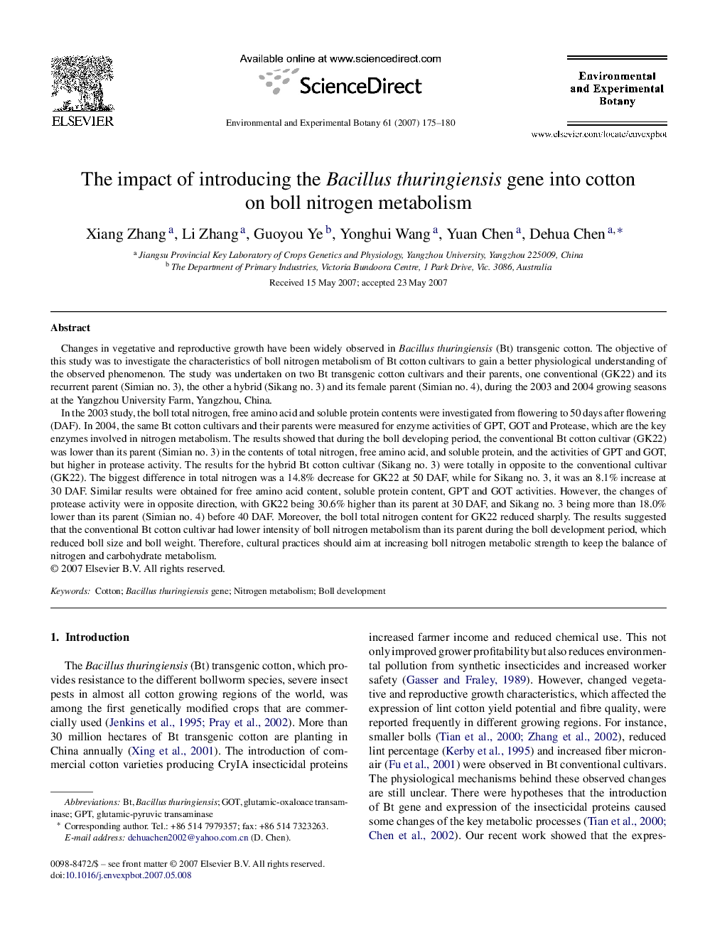 The impact of introducing the Bacillus thuringiensis gene into cotton on boll nitrogen metabolism