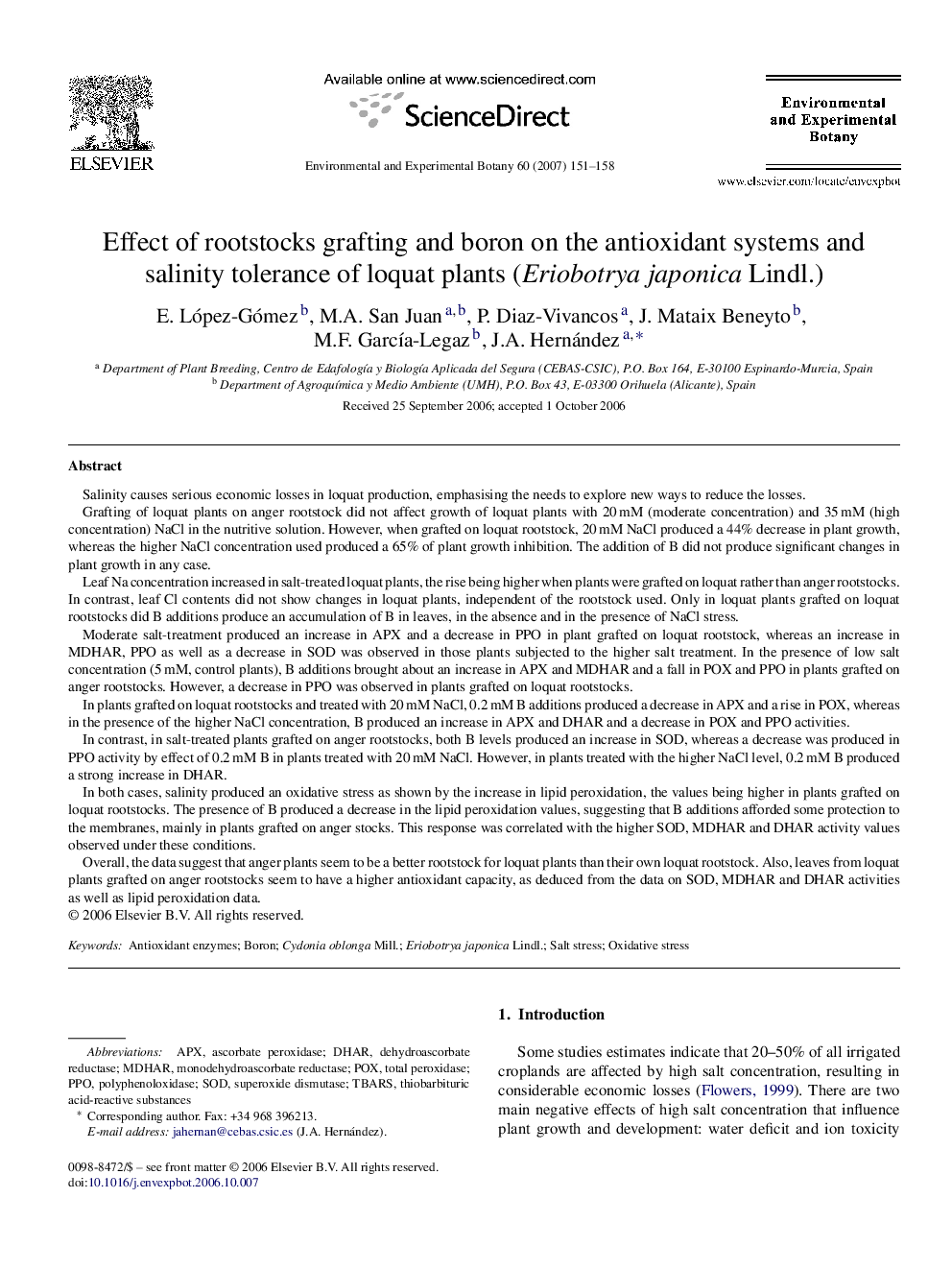 Effect of rootstocks grafting and boron on the antioxidant systems and salinity tolerance of loquat plants (Eriobotrya japonica Lindl.)