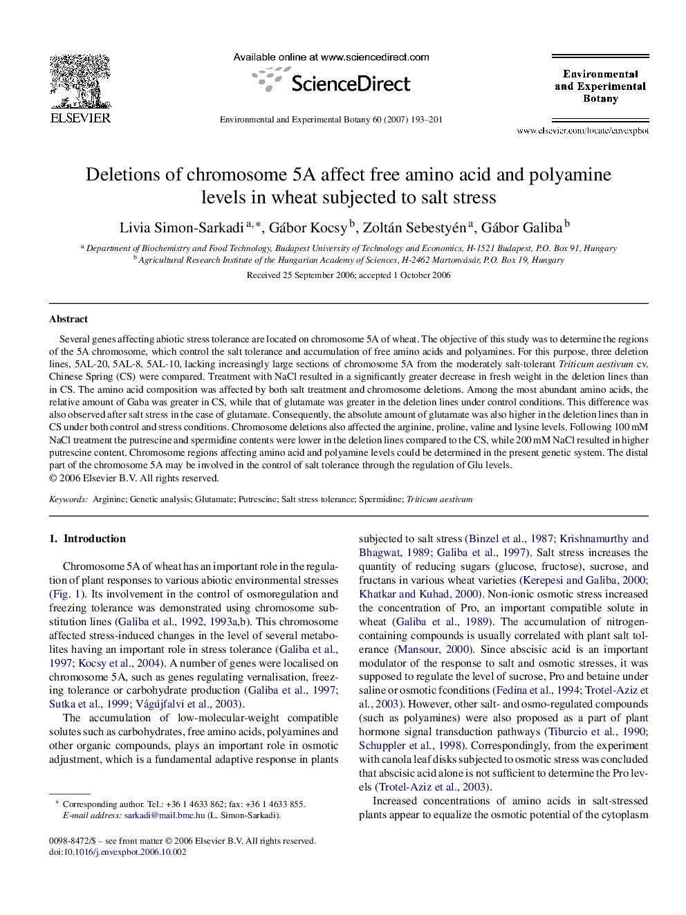 Deletions of chromosome 5A affect free amino acid and polyamine levels in wheat subjected to salt stress