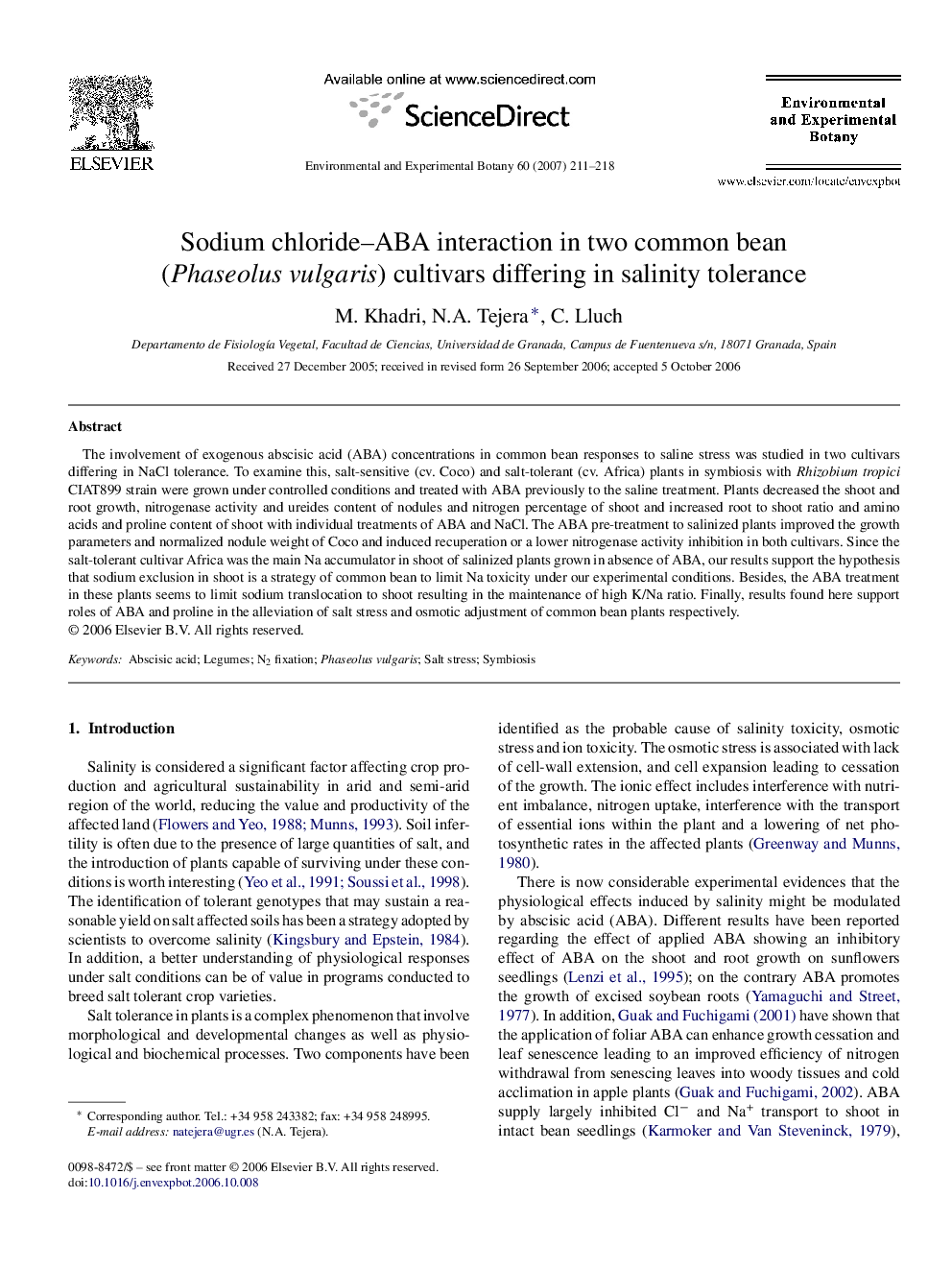 Sodium chloride–ABA interaction in two common bean (Phaseolus vulgaris) cultivars differing in salinity tolerance