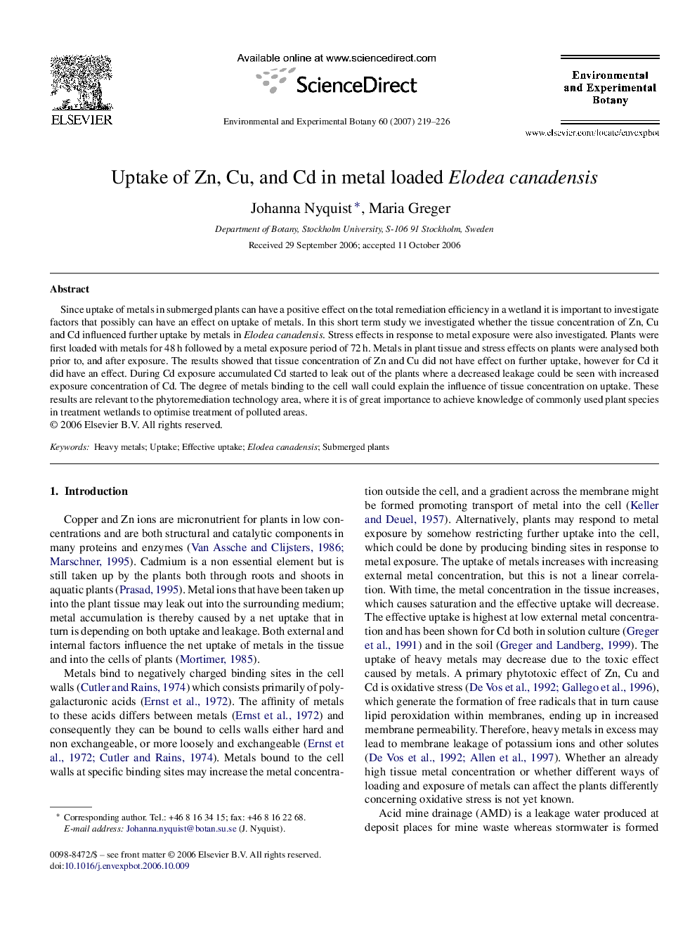 Uptake of Zn, Cu, and Cd in metal loaded Elodea canadensis