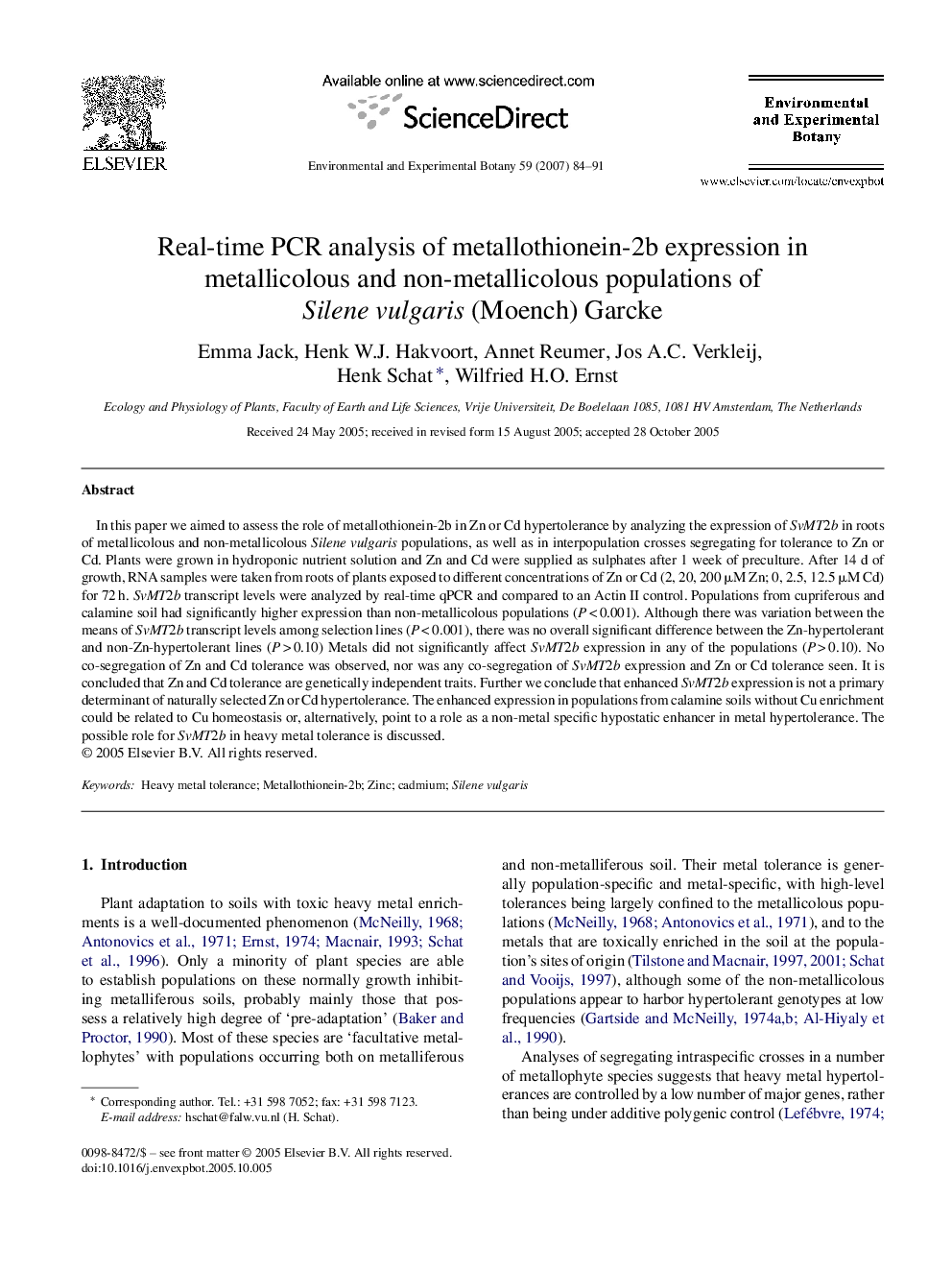 Real-time PCR analysis of metallothionein-2b expression in metallicolous and non-metallicolous populations of Silene vulgaris (Moench) Garcke