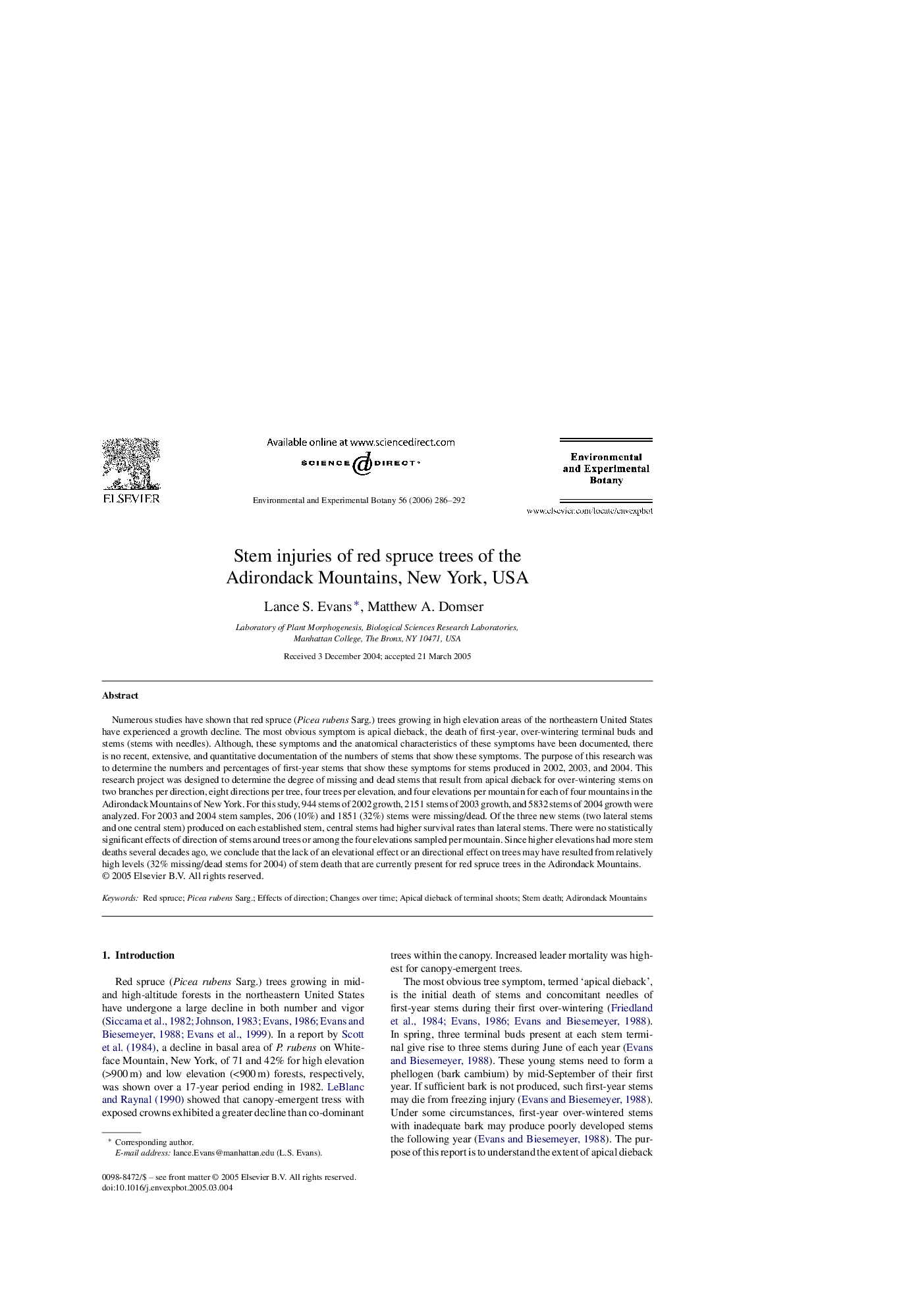 Stem injuries of red spruce trees of the Adirondack Mountains, New York, USA