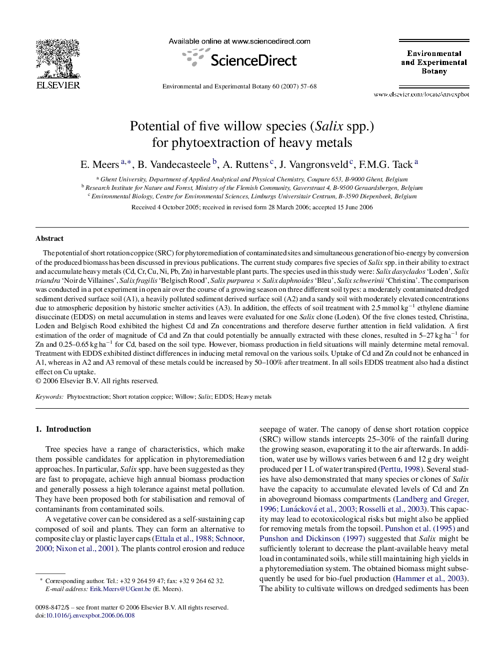 Potential of five willow species (Salix spp.) for phytoextraction of heavy metals