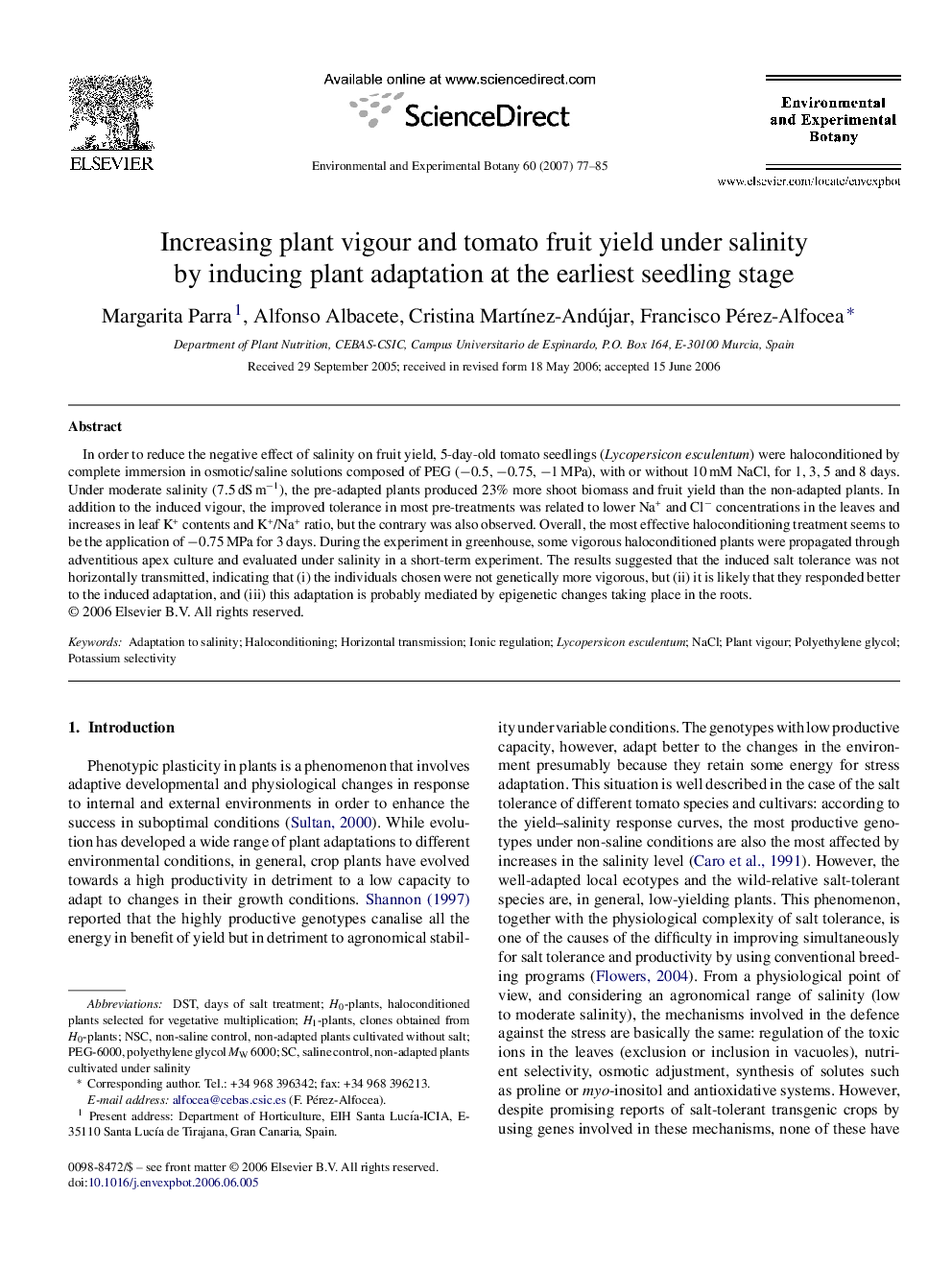 Increasing plant vigour and tomato fruit yield under salinity by inducing plant adaptation at the earliest seedling stage