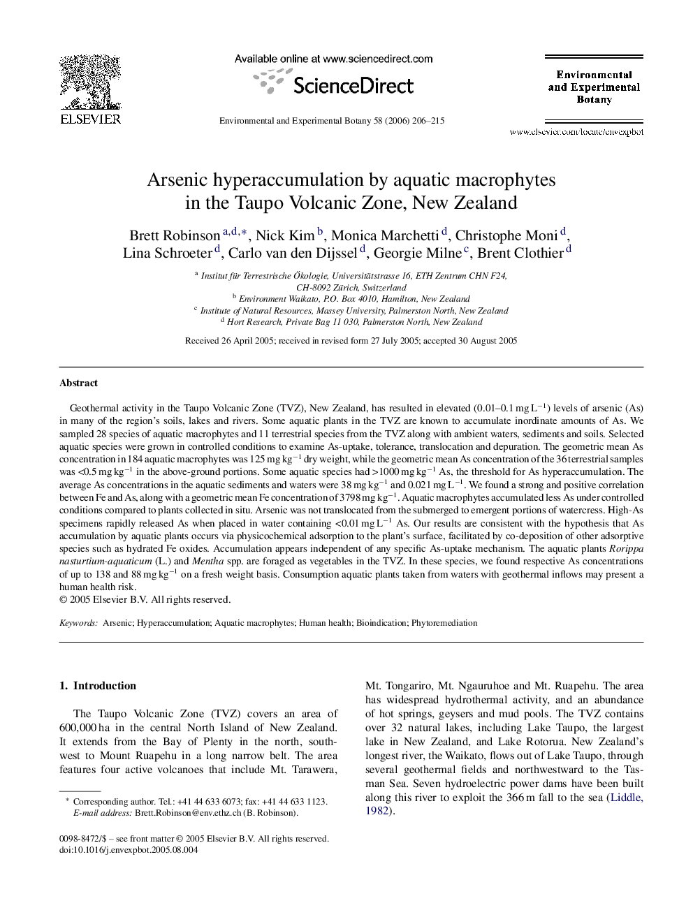 Arsenic hyperaccumulation by aquatic macrophytes in the Taupo Volcanic Zone, New Zealand