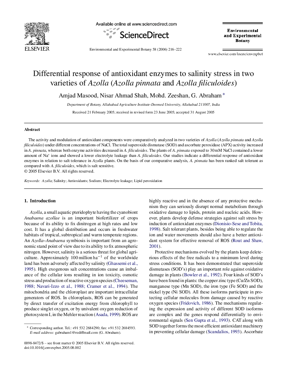 Differential response of antioxidant enzymes to salinity stress in two varieties of Azolla (Azolla pinnata and Azolla filiculoides)