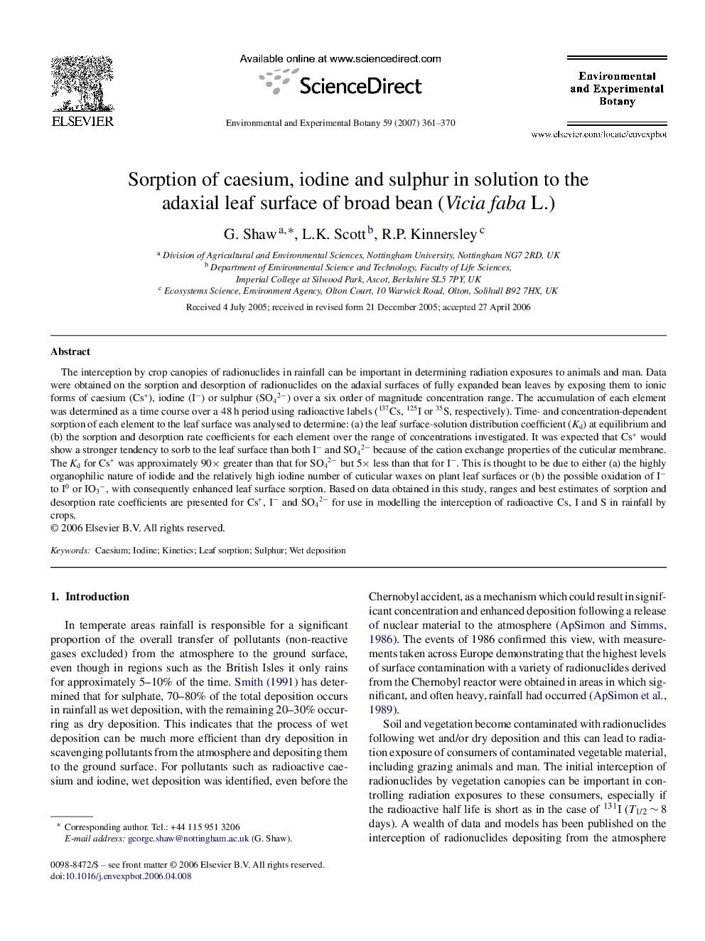 Sorption of caesium, iodine and sulphur in solution to the adaxial leaf surface of broad bean (Vicia faba L.)