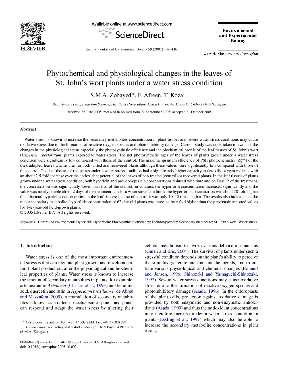 Phytochemical and physiological changes in the leaves of St. John's wort plants under a water stress condition