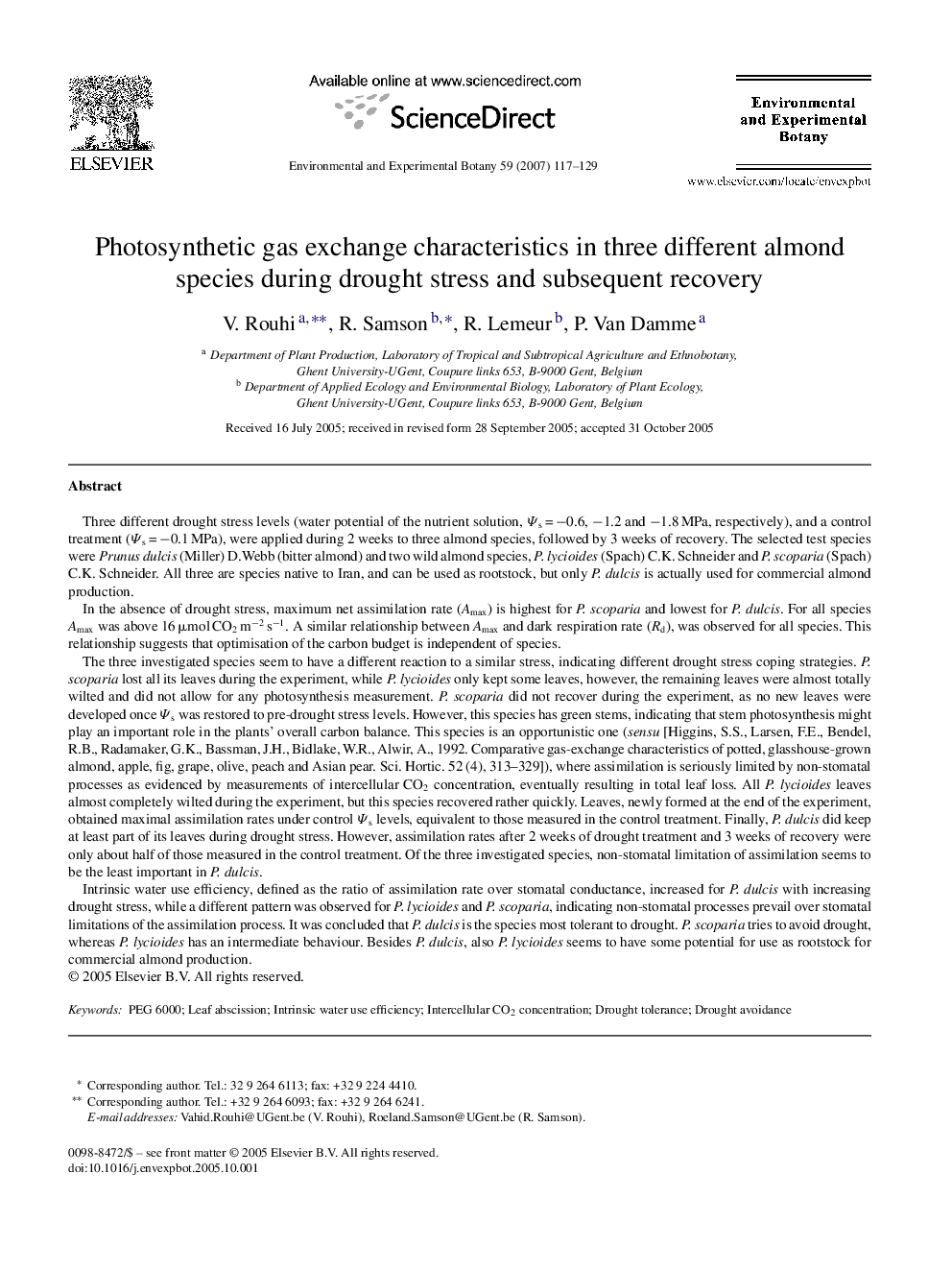 Photosynthetic gas exchange characteristics in three different almond species during drought stress and subsequent recovery