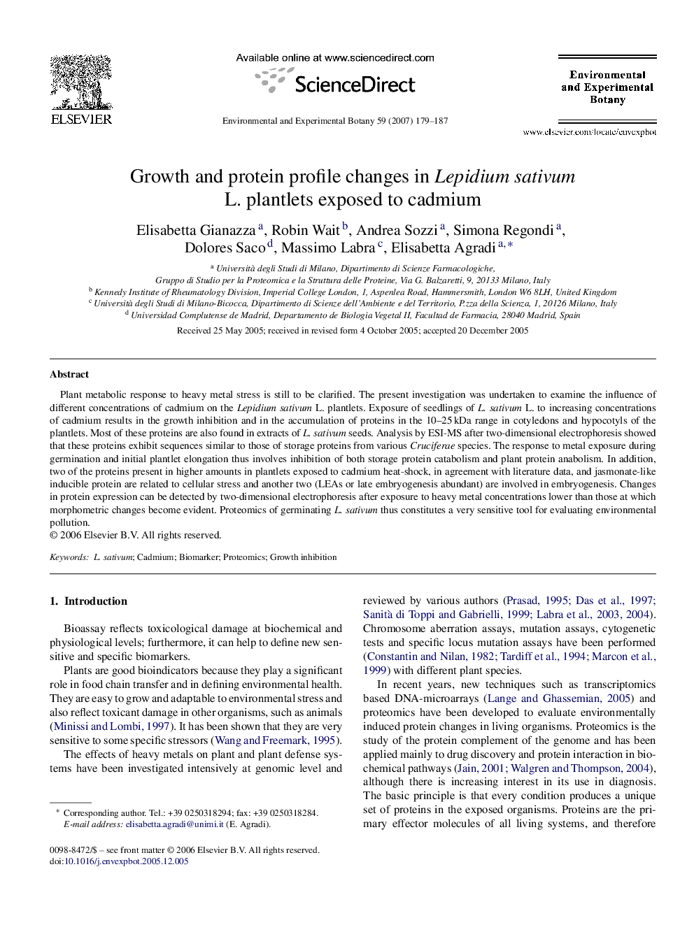 Growth and protein profile changes in Lepidium sativum L. plantlets exposed to cadmium