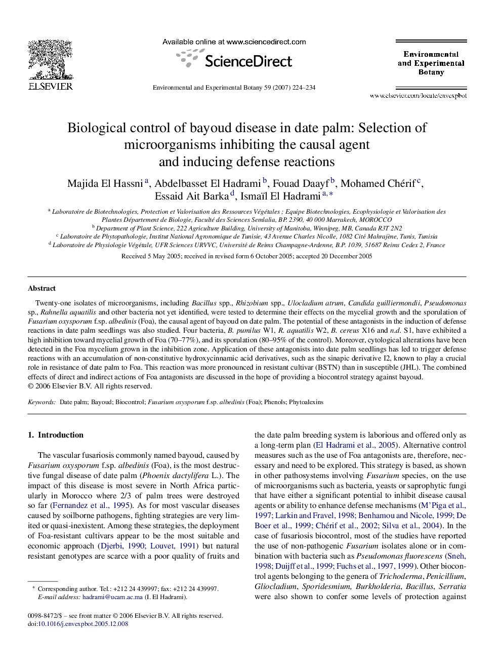 Biological control of bayoud disease in date palm: Selection of microorganisms inhibiting the causal agent and inducing defense reactions