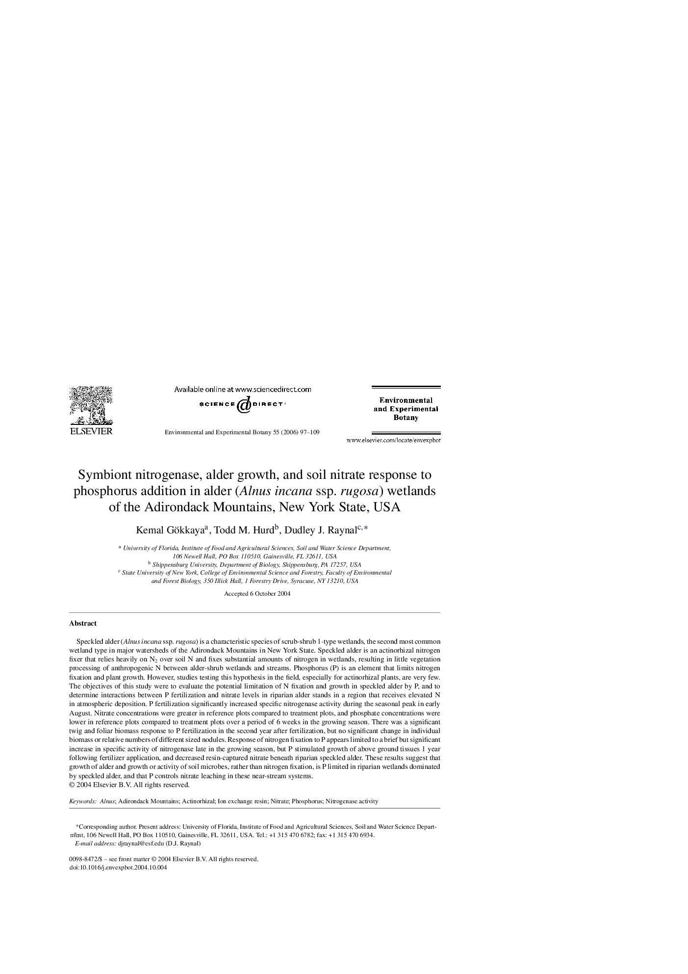 Symbiont nitrogenase, alder growth, and soil nitrate response to phosphorus addition in alder (Alnus incana ssp. rugosa) wetlands of the Adirondack Mountains, New York State, USA