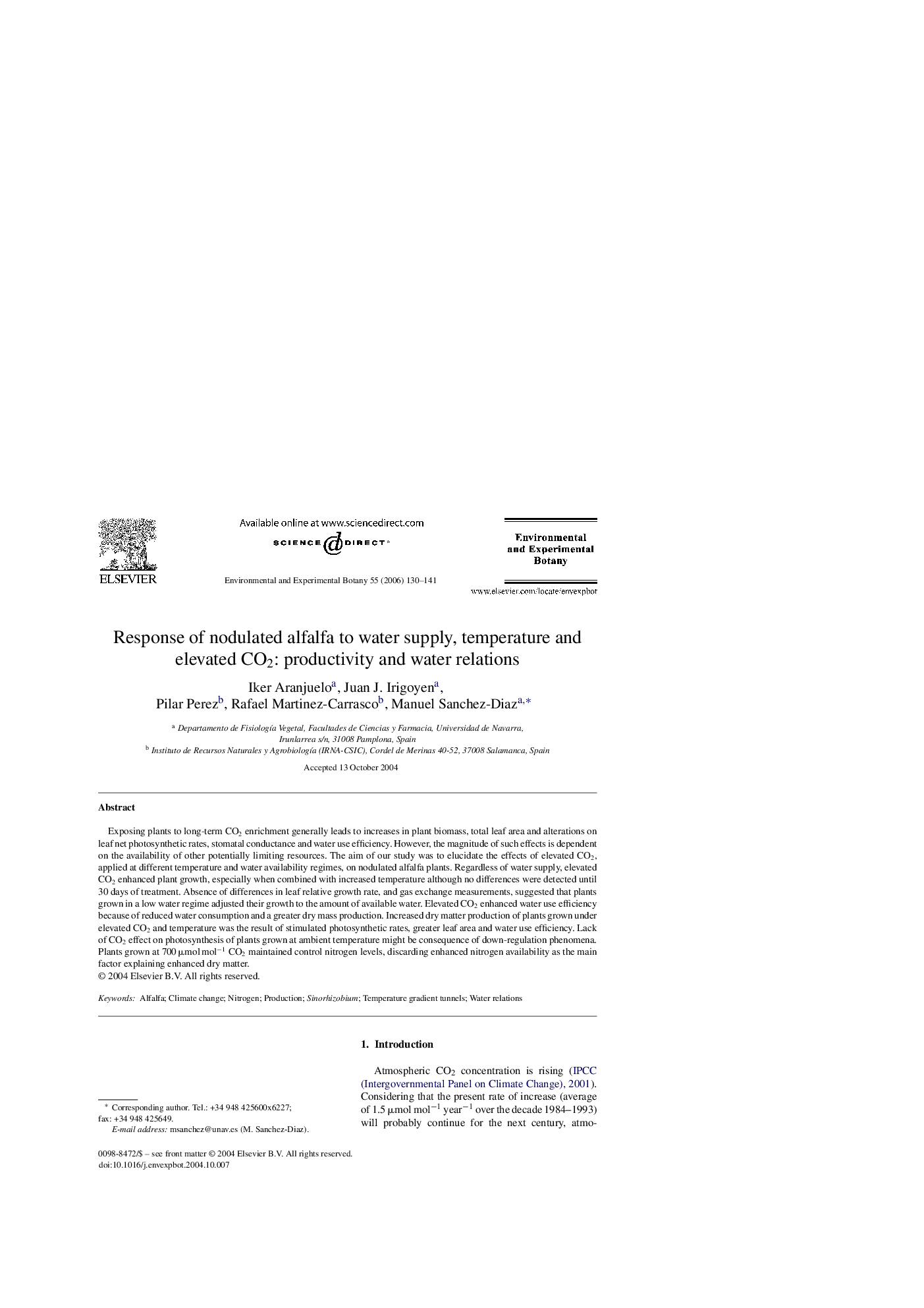 Response of nodulated alfalfa to water supply, temperature and elevated CO2: productivity and water relations