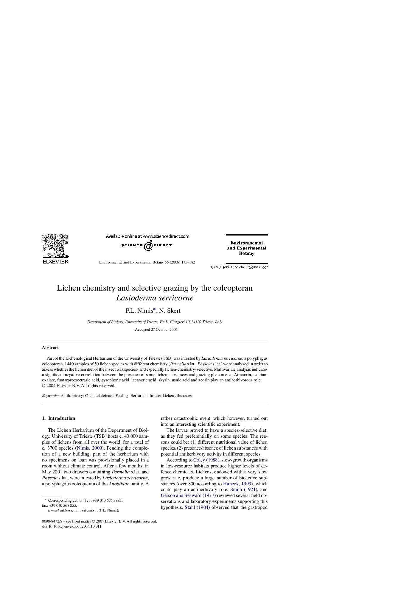 Lichen chemistry and selective grazing by the coleopteran Lasioderma serricorne