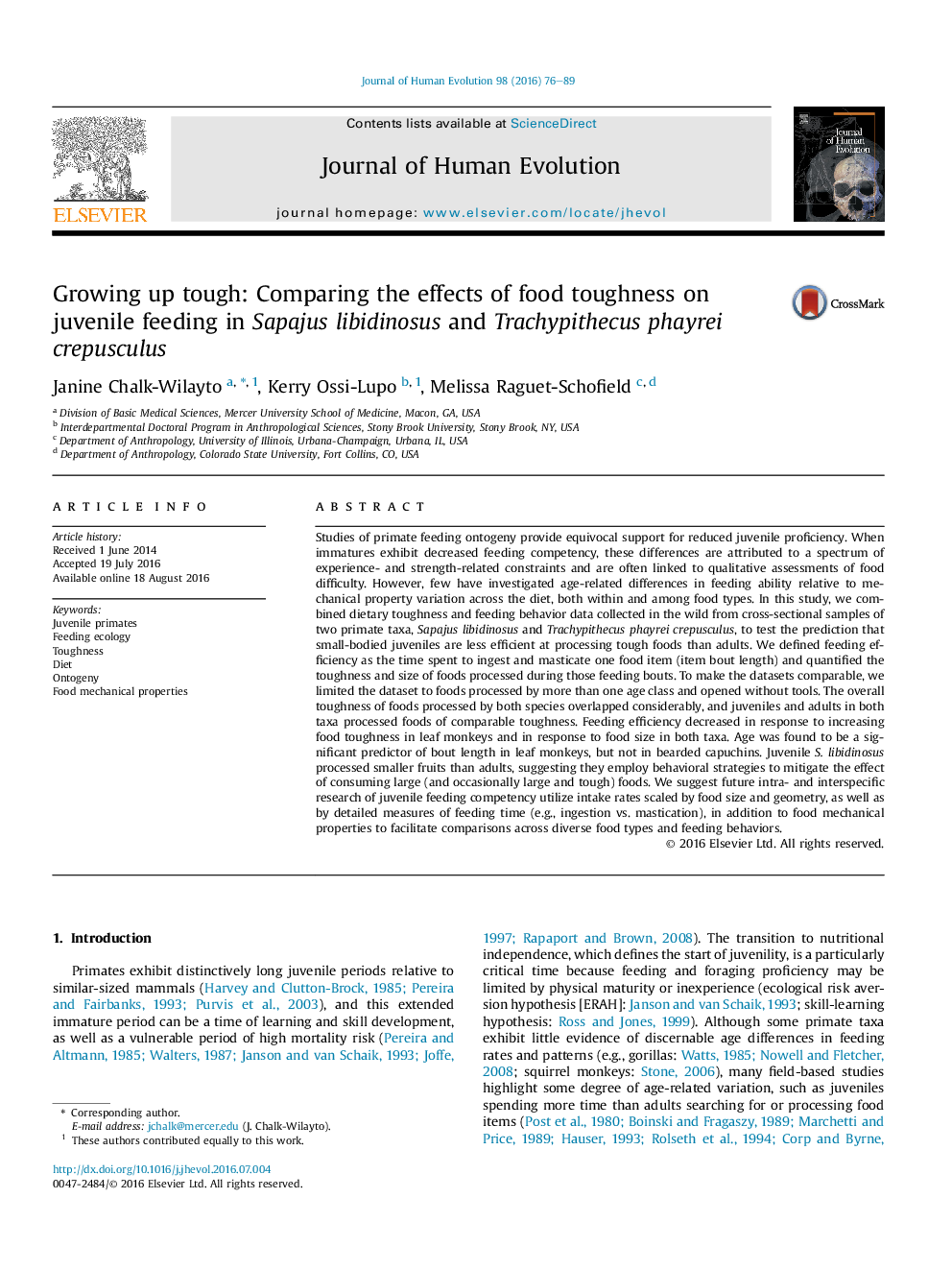 Growing up tough: Comparing the effects of food toughness on juvenile feeding in Sapajus libidinosus and Trachypithecus phayrei crepusculus