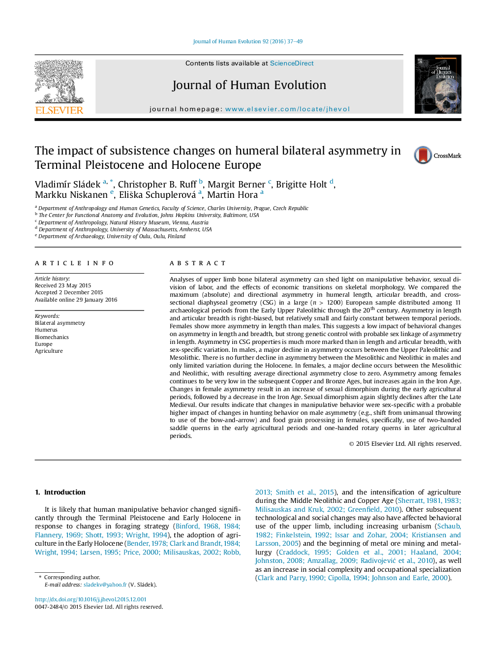 The impact of subsistence changes on humeral bilateral asymmetry in Terminal Pleistocene and Holocene Europe