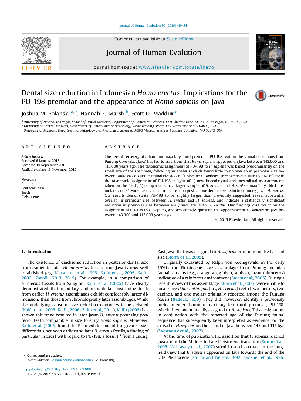 Dental size reduction in Indonesian Homo erectus: Implications for the PU-198 premolar and the appearance of Homo sapiens on Java