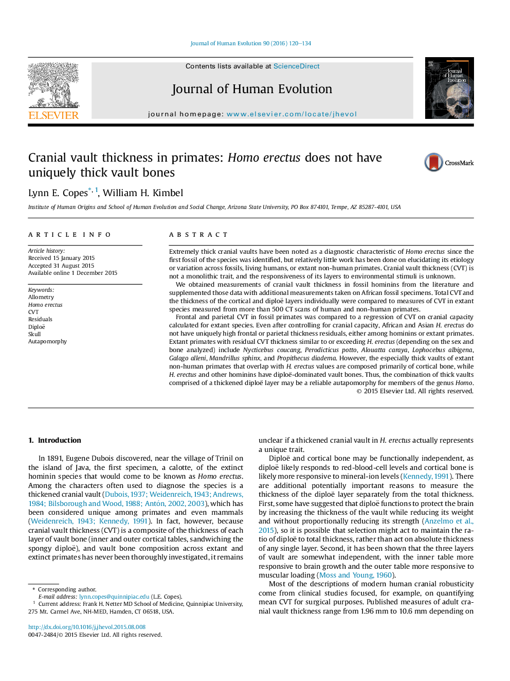 Cranial vault thickness in primates: Homo erectus does not have uniquely thick vault bones