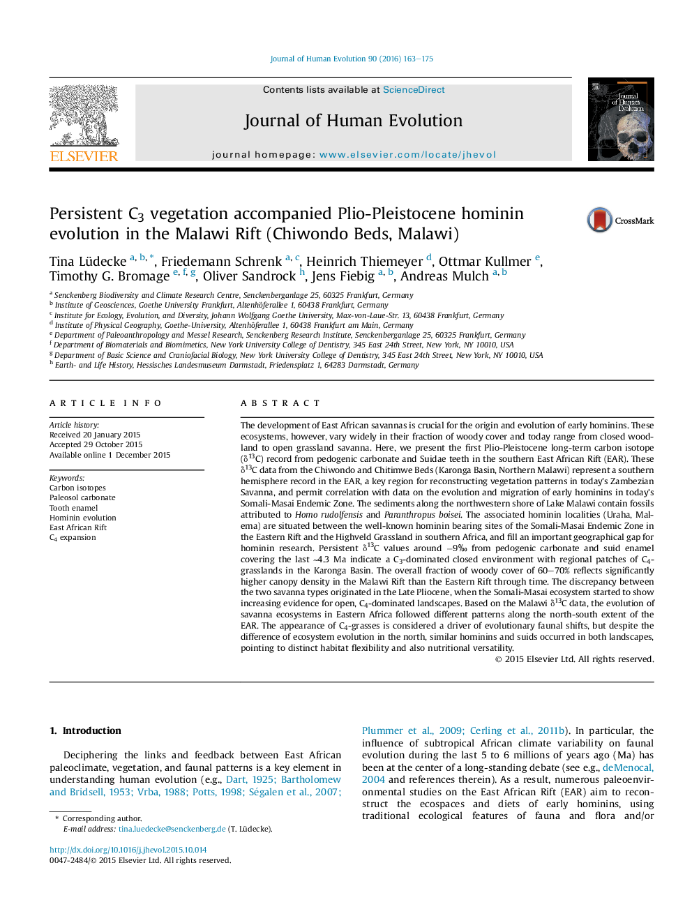 Persistent C3 vegetation accompanied Plio-Pleistocene hominin evolution in the Malawi Rift (Chiwondo Beds, Malawi)