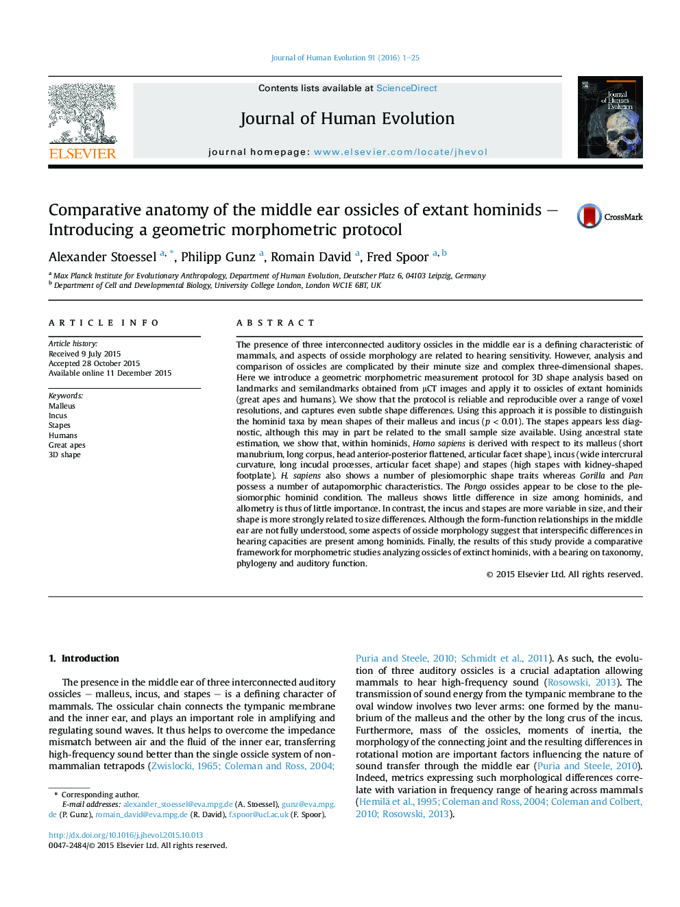 Comparative anatomy of the middle ear ossicles of extant hominids – Introducing a geometric morphometric protocol