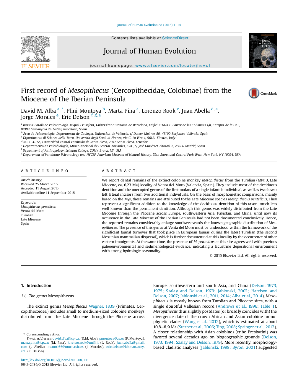 First record of Mesopithecus (Cercopithecidae, Colobinae) from the Miocene of the Iberian Peninsula