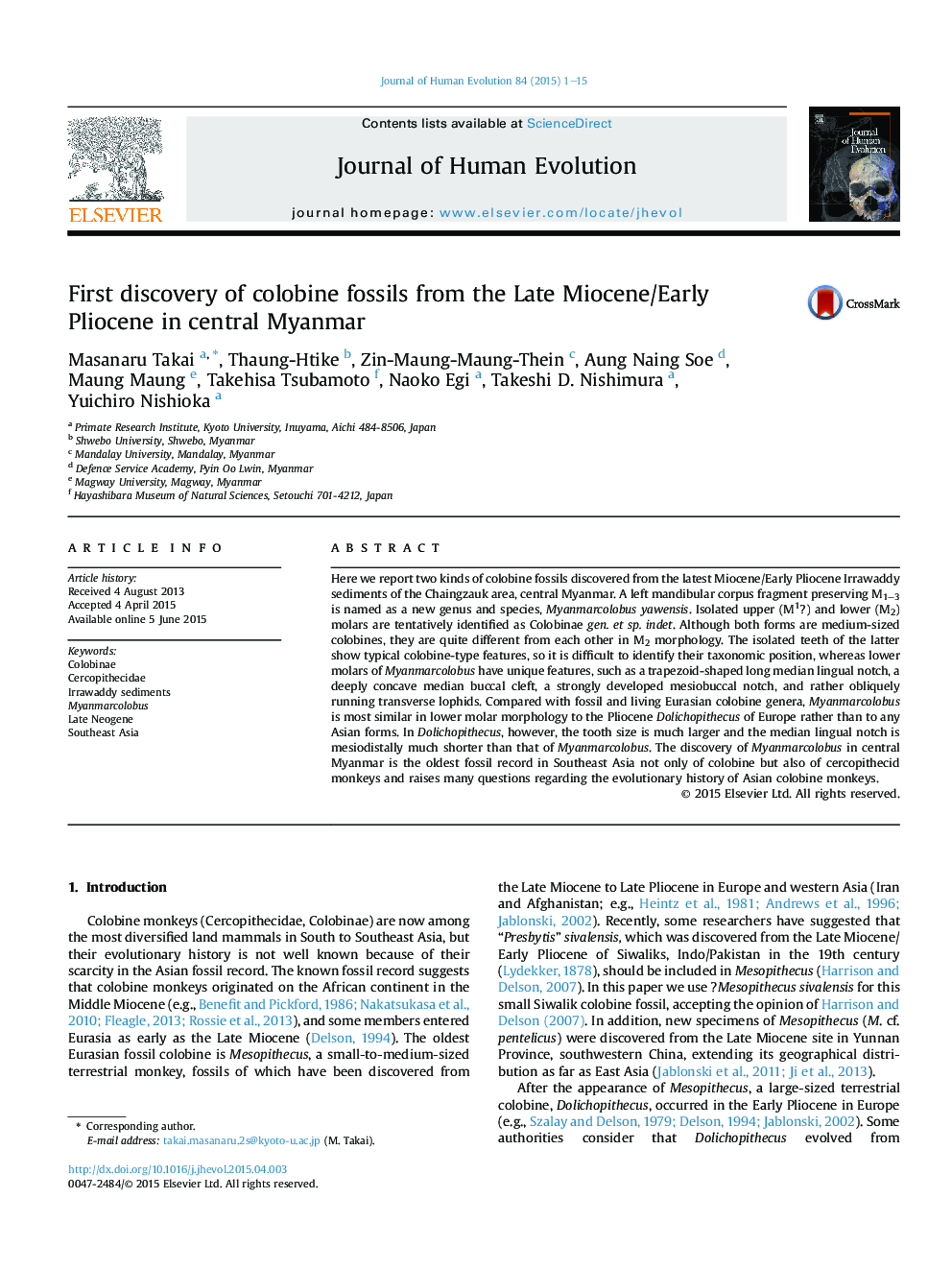 First discovery of colobine fossils from the Late Miocene/Early Pliocene in central Myanmar