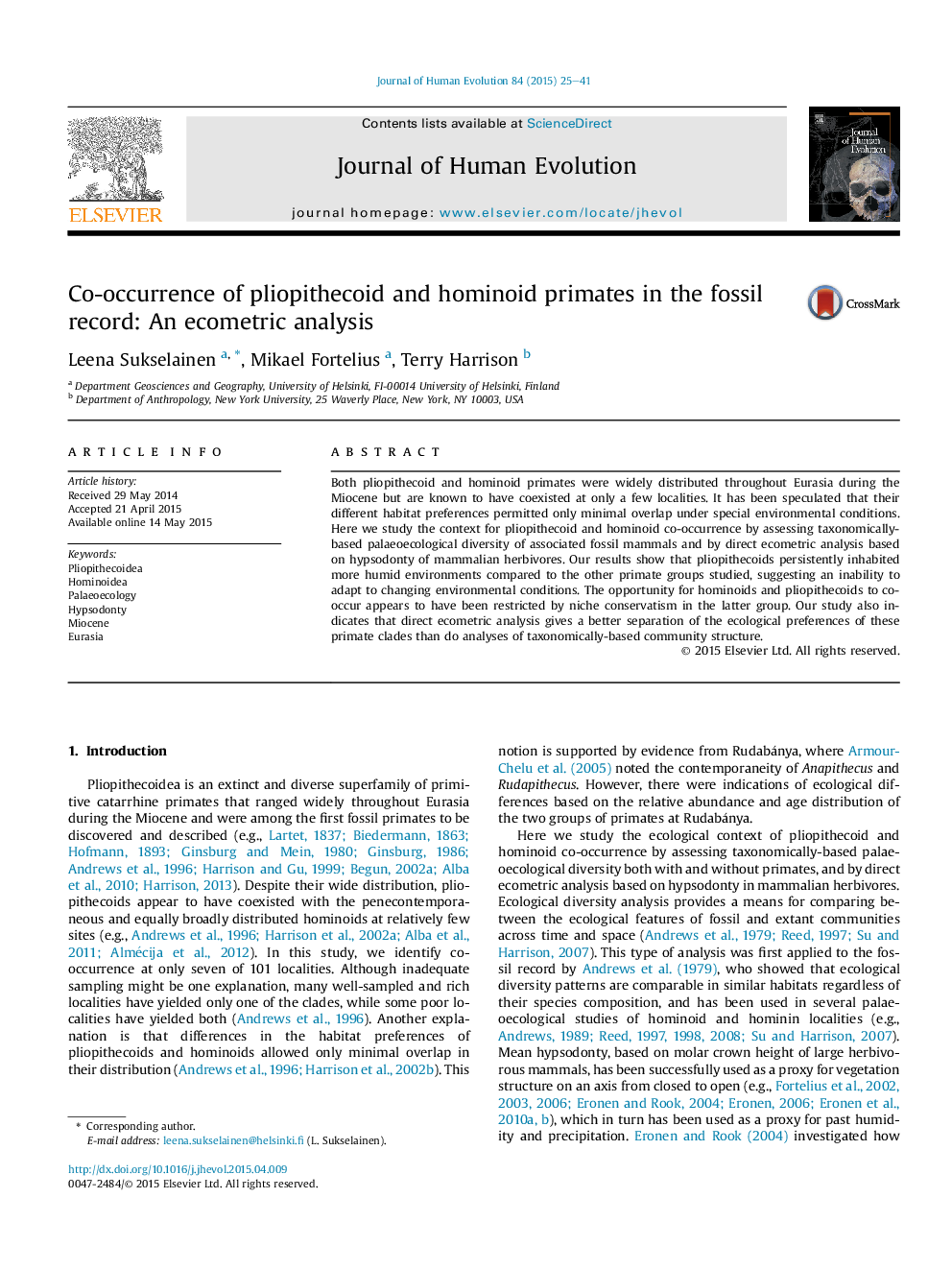 Co-occurrence of pliopithecoid and hominoid primates in the fossil record: An ecometric analysis