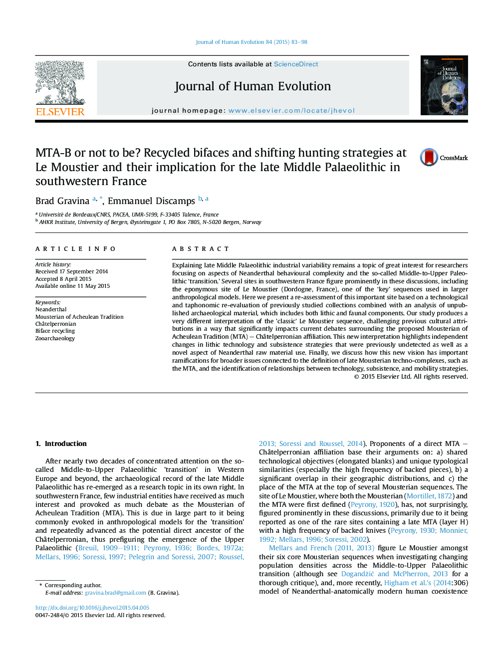 MTA-B or not to be? Recycled bifaces and shifting hunting strategies at Le Moustier and their implication for the late Middle Palaeolithic in southwestern France