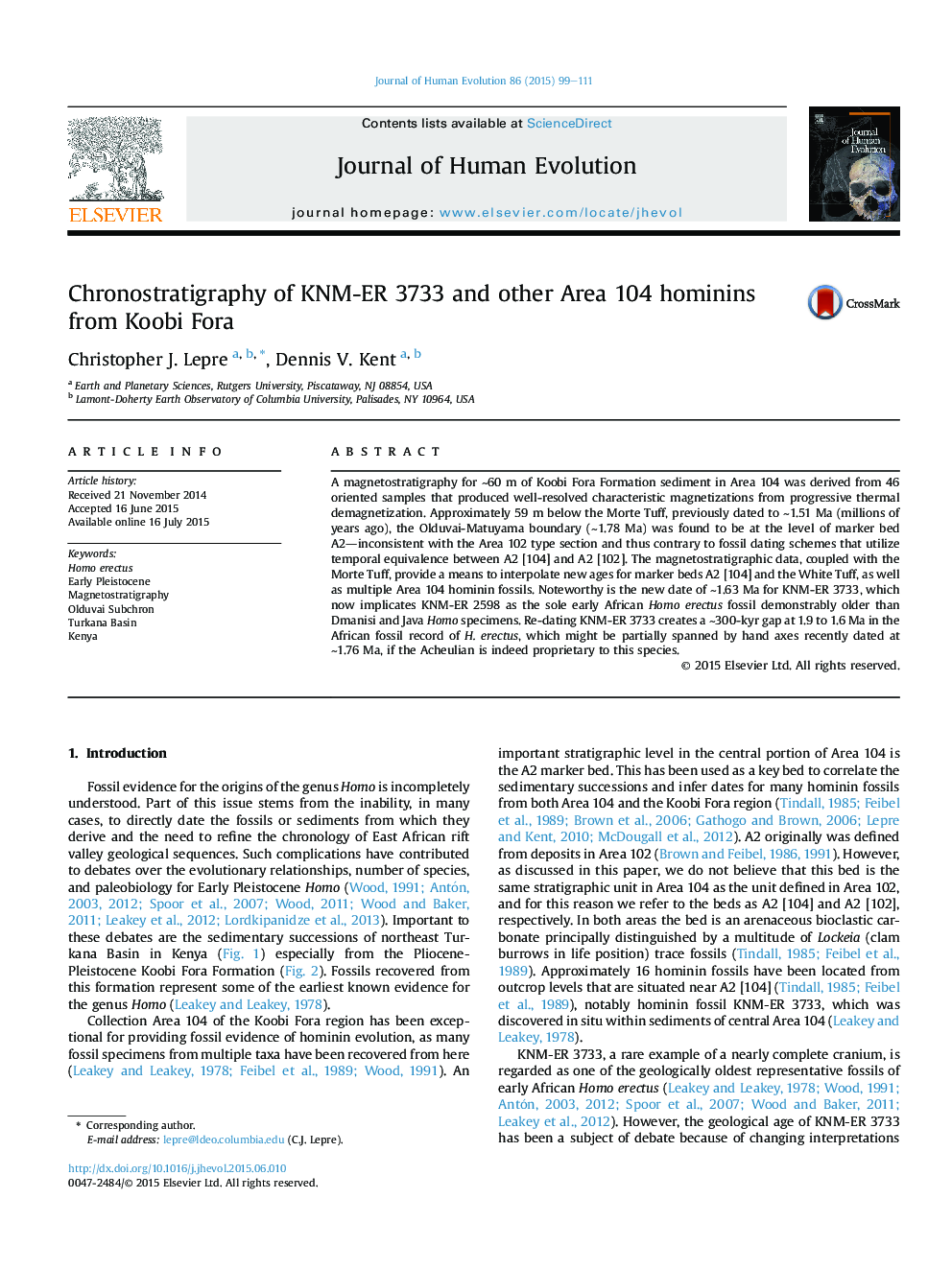 عکس صفحه اول مقاله: Chronostratigraphy of KNM-ER 3733 and other Area 104 hominins from Koobi Fora Chronostratigraphy of KNM-ER 3733 and other Area 104 hominins from Koobi Fora