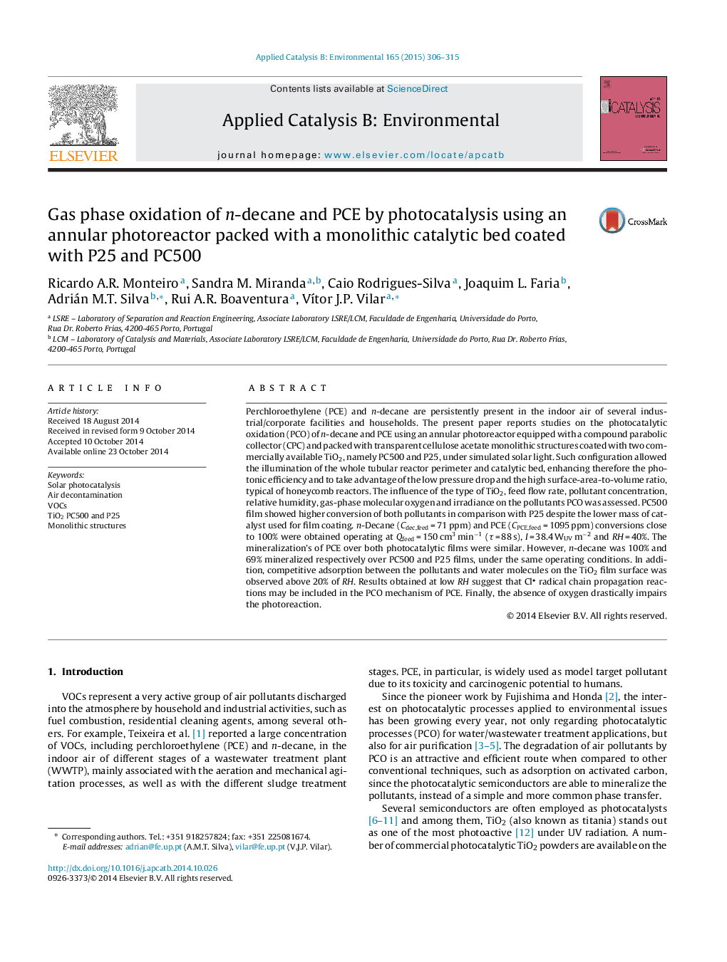 Gas phase oxidation of n-decane and PCE by photocatalysis using an annular photoreactor packed with a monolithic catalytic bed coated with P25 and PC500