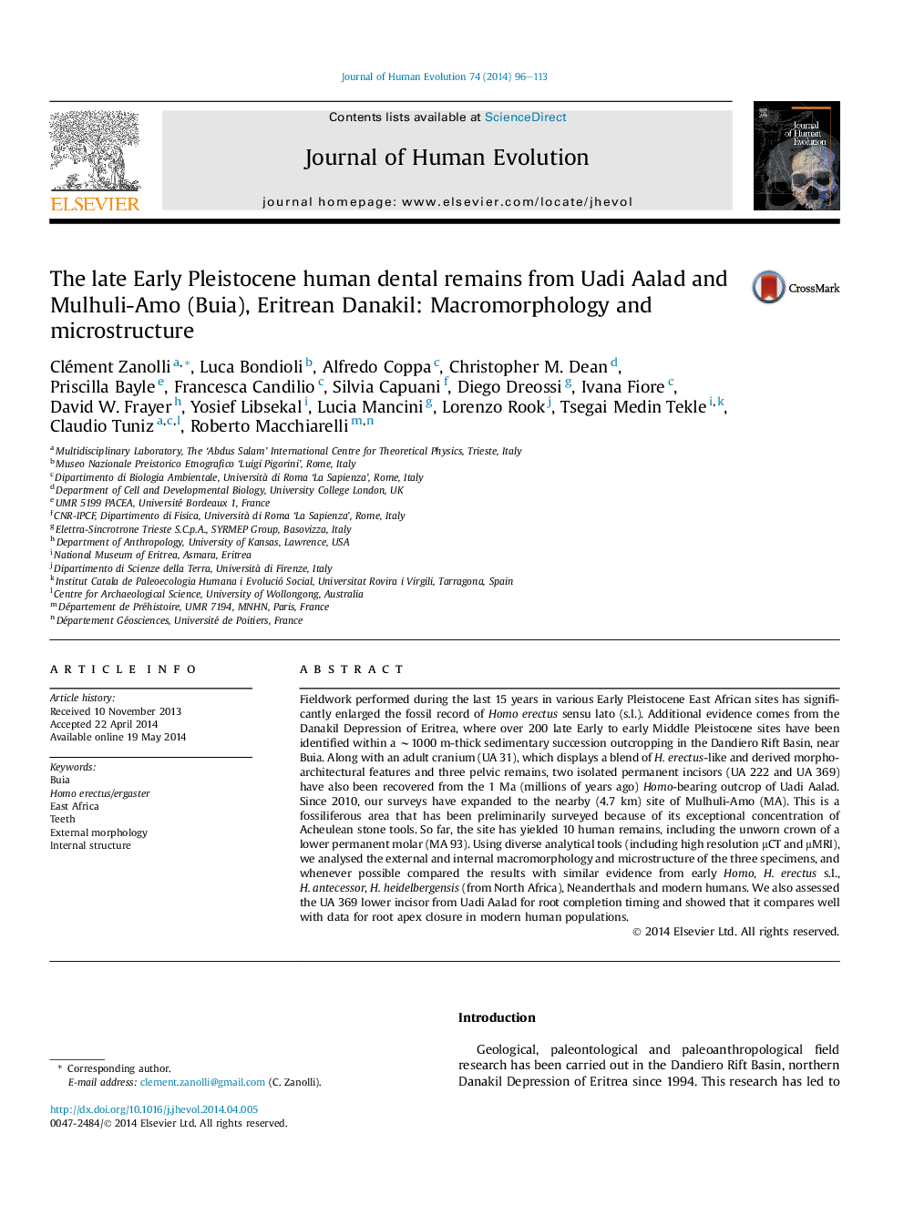 عکس صفحه اول مقاله: The late Early Pleistocene human dental remains from Uadi Aalad and Mulhuli-Amo (Buia), Eritrean Danakil: Macromorphology and microstructure The late Early Pleistocene human dental remains from Uadi Aalad and Mulhuli-Amo (Buia), Eritrean Danakil: Macromorphology and microstructure