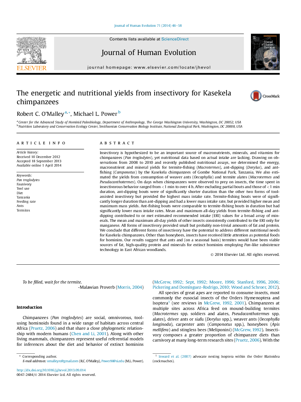 The energetic and nutritional yields from insectivory for Kasekela chimpanzees