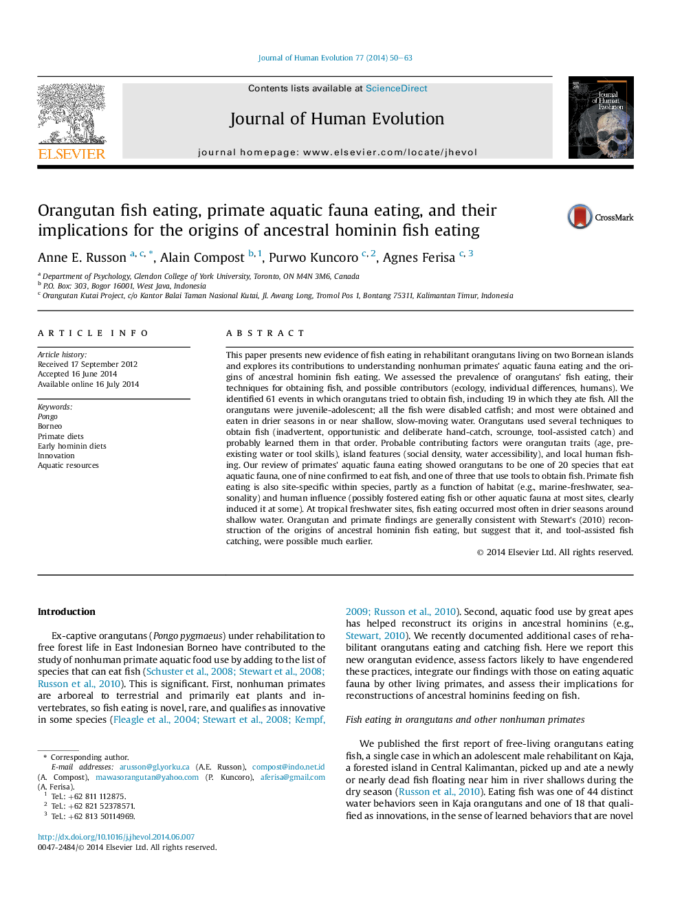 Orangutan fish eating, primate aquatic fauna eating, and their implications for the origins of ancestral hominin fish eating