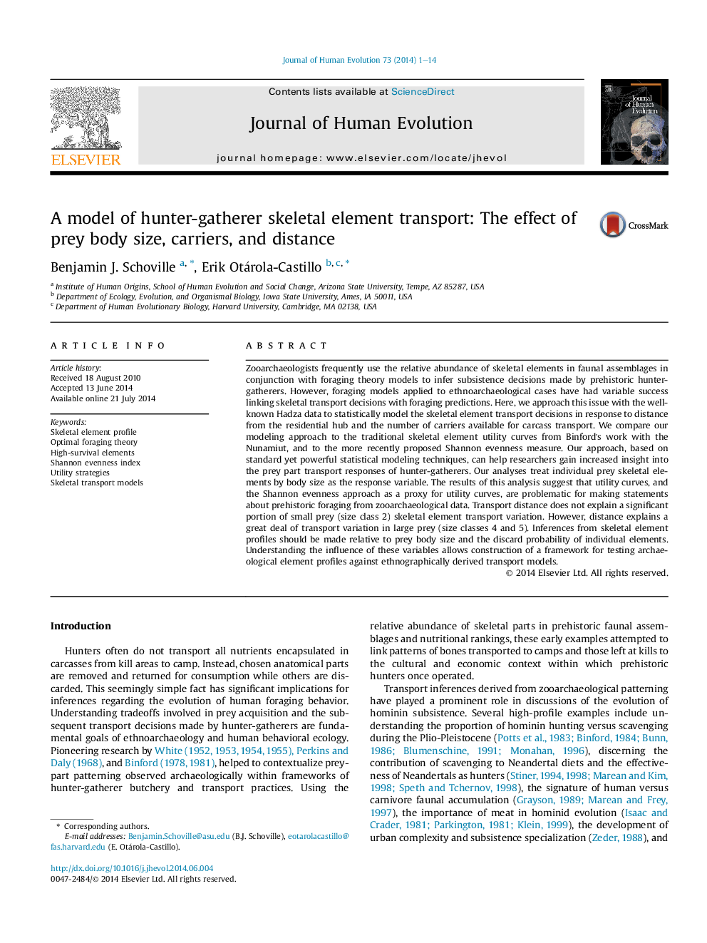 A model of hunter-gatherer skeletal element transport: The effect of prey body size, carriers, and distance